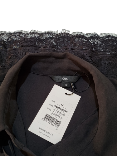 CUE Black Sheer Long Sleeve Sheer Neck Tie Lace Hem Blouse Top - Size 14 BNWT - Picture 5 of 7