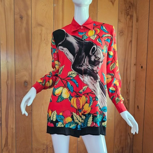 Vintage 80er bis 40er Jahre Neuheit Kitsch Obst Panther Seide Editorial Bluse Top S/M