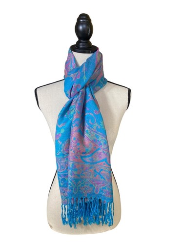 Womens Paisley Teal Pastel Pashmina Shawl Wrap Scarf With Fringe Spring 70"x27" - Picture 3 of 11