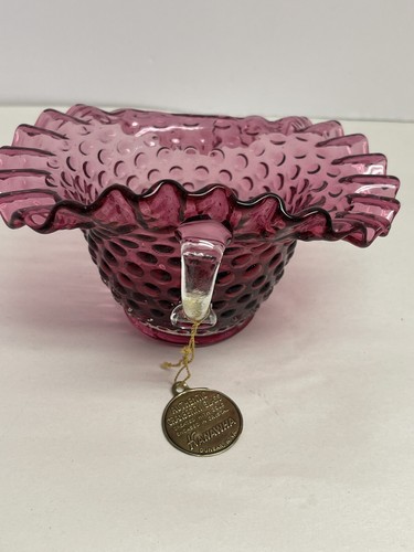 Kanawha Glass Cranberry Ruffle Edge Hobnail Bowl Crystal Encased Gold w Hangtag - Picture 6 of 11