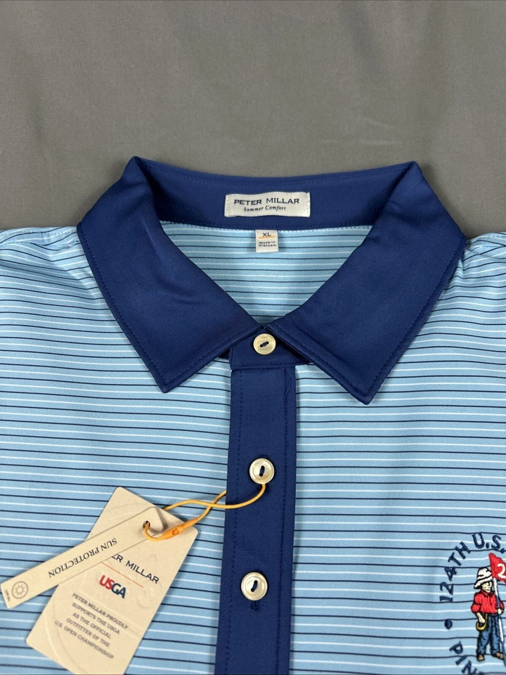 Camisa de Golf Peter Millar Polo Pinehurst EE. UU. Logo Abierto XL Azul Poliéster a Rayas Foto 4 de 4