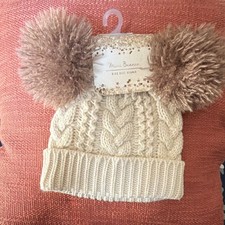 Kids Double Pom Cable Knit Beanie Acrylic Beige Winter Fun One Size