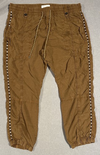 Anthropologie XL Brown Cargo Jogger Pants Beaded Trim Boho Elastic Waist Women