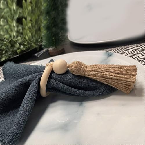 Wood Napkin Rings Set of 6, Rustic Farmhouse Wooden Napkin Ring with Jute Rope - Picture 3 of 6