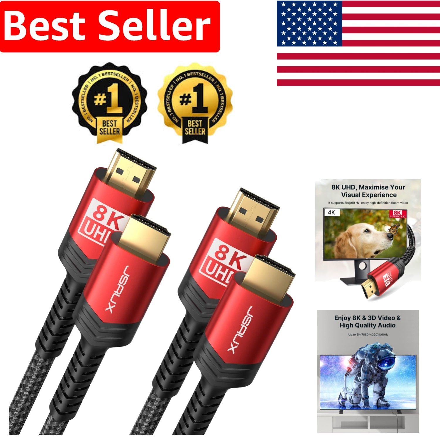 High-Speed 8K HDMI 2.1 Cable, 10ft Red Braided - Male to Male Connection