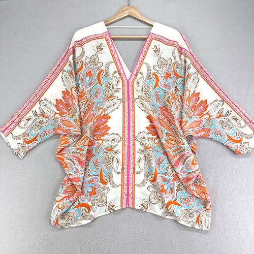 Blusa rosa+oliva donna L rosa bianca scollo a V nuova con etichetta paisley brillante carriera