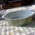 Vintage PYREX Oval 1-1/2 qt Au Gratin Dish  SAGE GREEN & GOLD SCROLL No Lid