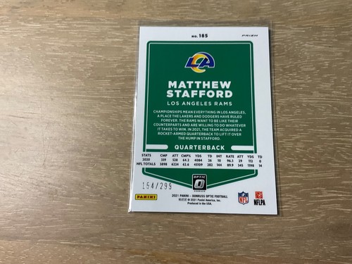 2021 Panini Donruss Optic Football Matthew Stafford Aqua Prizm /299 SP LA Rams - Picture 2 of 2
