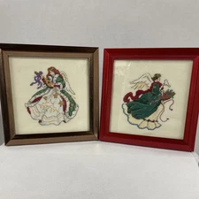 Completed Cross Stitch Angels Christmas Set of 2 Framed Holidays Festive 6” x 6”