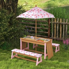 Kids Picnic Table, Garden Table and Bench Set w/ Umbrella, Cushions, Boxes, Pink