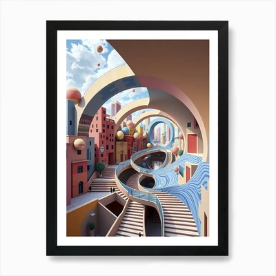 Optical Illusion Of Cityscape With  Framed Wall Art Poster Canvas Print Picture