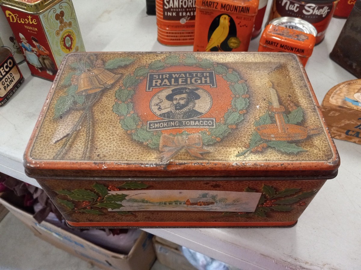 Vintage Sir Walter Raleigh Christmas Smoking Tobacco Tin Can Empty 