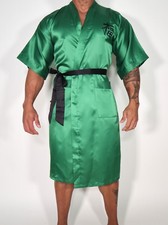 NEW MEN'S GREEN SATIN ROBE WITH BLACK BELT SIZE SM.