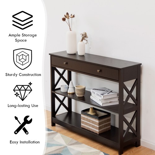 3-Tier Console Table Sideboard Entryway Table Desk w/ Drawer & Shelves Espresso - Picture 5 of 6