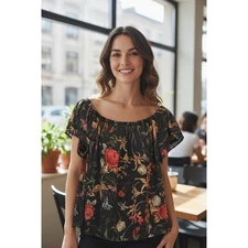 Belle Sky Floral Off Shoulder Blouse Top Ruffle Sleeve - XL