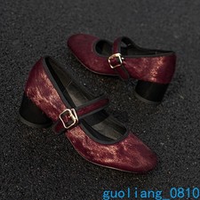 Women's Suede Leather Casual Shoes Round Toe Block Heel Formal Vintage Fashion