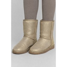 UGG Classic Short Sparkle Boots Women 6 Gold Metallic Shearling Lined Designer