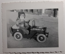 Boy Riding in Hamilton Steel US Air Force Jeep Pedal Car: 1950's Snapshot Photo