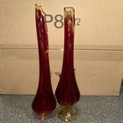 Fenton or L.E. Smith?? Pedestal Viking Glass Vases Yellow Orange Red Pair Nice!!