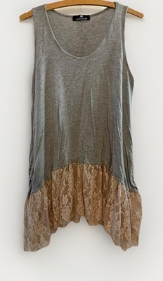 White Plum Boho Lace Hem Tank Top Size L Gray Rayon Blend Ruched Sides Flowy