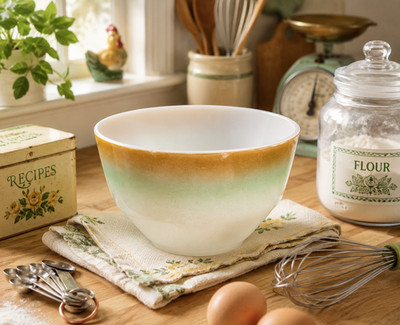 Federal Glass Mesa Mixing Bowl 1½ Qt White Teal Brown Ombre Milk Glass Bowl