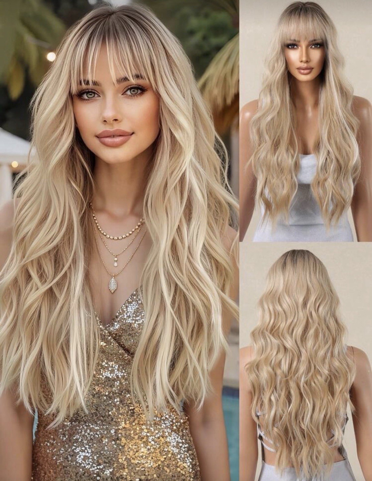 Perruque synthétique longue blonde dorée bouclée à frange de 65cm pour femme