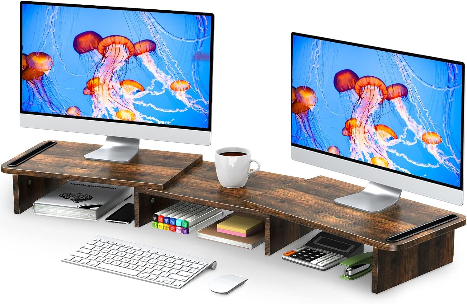 Dual Monitor Stand Riser, Monitor Stand with Adjustable Length and Angle, Wood M