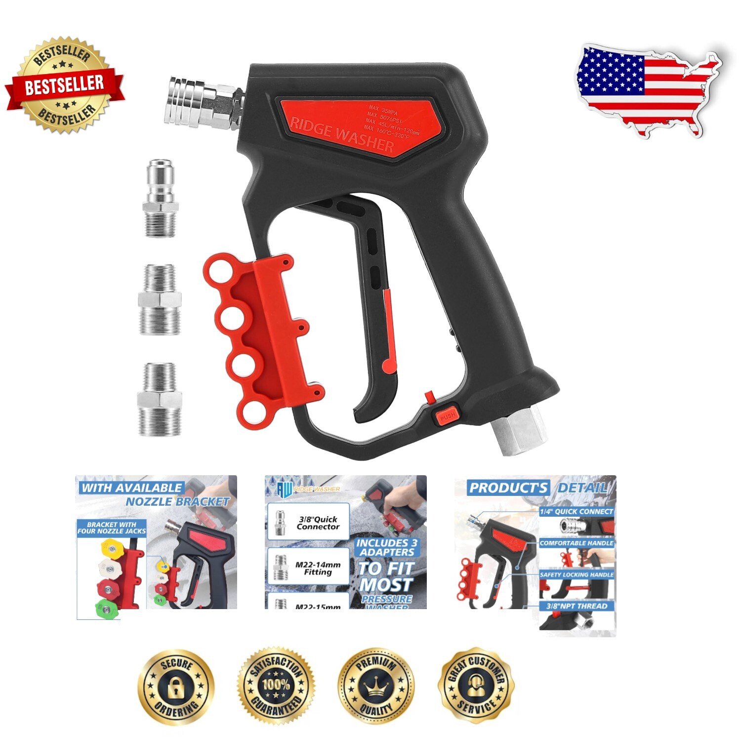 5000 PSI Pressure Washer Gun with 360° Swivel & Quick Connector Accessories