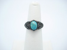 Sterling Silver 10.5mm Oval Blue Turquoise Swirl Cutout Pattern Ring Size 6