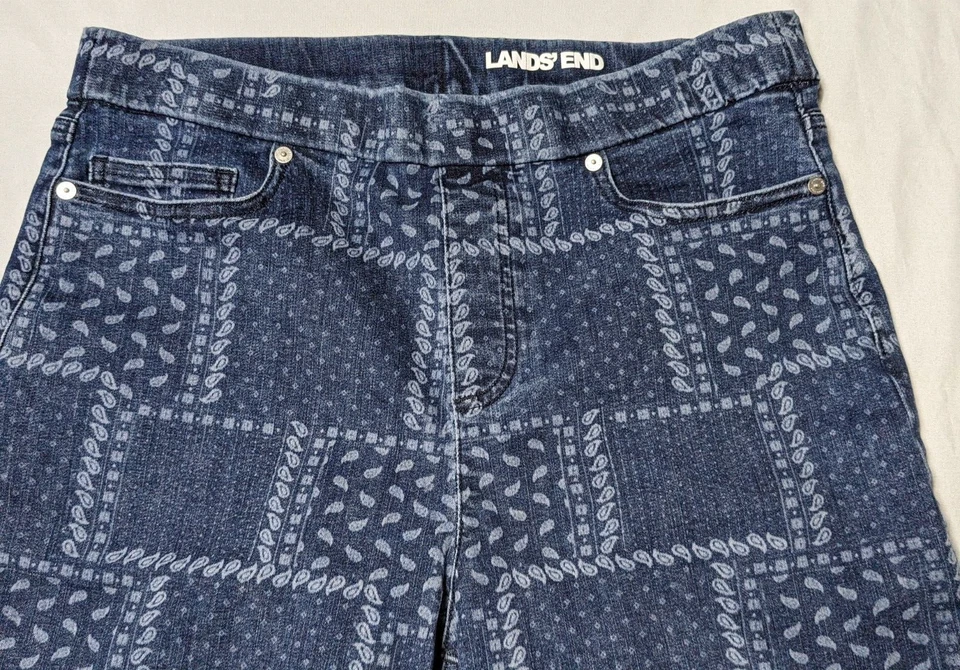 Pantalones Cortos LANDS END Mujeres 12 Azul Paisley Estampado Retazos Pull-On Elastizados Denim 11" Foto 4 de 4