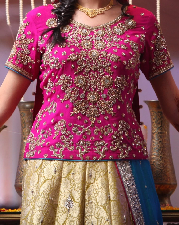 Vestido de novia paquistaní/indio diseñador ropa de novia vestido Mehndi choli lengha Foto 2 de 4