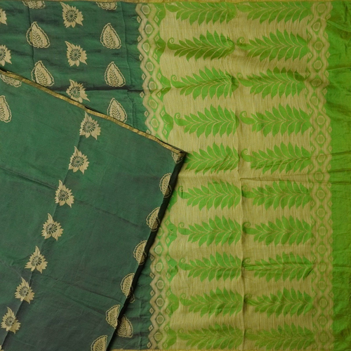 Indian Vintage Beige & Green Saree Pure Silk Printed Indian Sari Fabric 5yd Sewing Craft Fabric DressMaking Soft main image 0