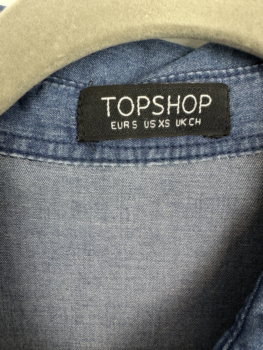 Topshop Dress Womens XS Denim Jeann Shirtdress Button Flowers Embroidered DV
