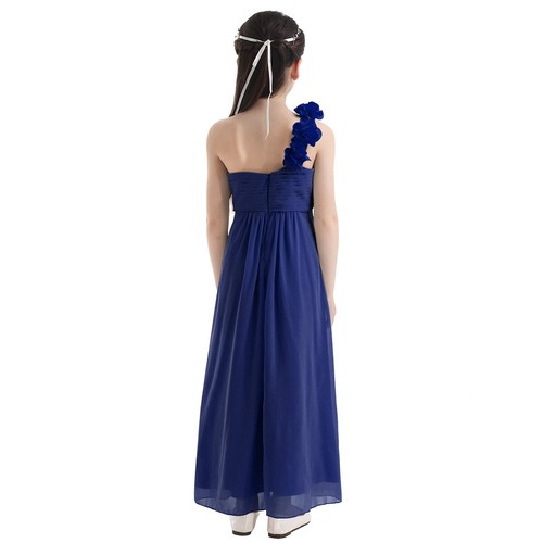 Flower Girl Long Dress One-shoulder Princess Maxi Wedding Bridesmaid Formal Gown - Picture 38 of 59