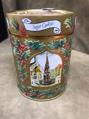 2004 LAMBERTZ COOKIE TIN W MUSIC BOX GOLD WITH HOLLY