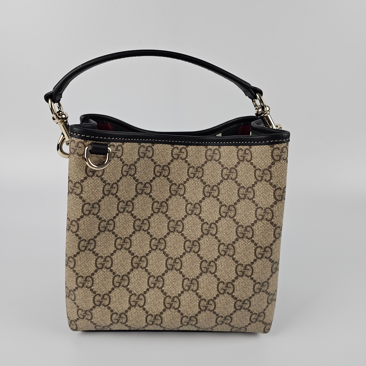 GUCCI GG Emblem Small $2280 Beige And Dark Brown Fabric Bucket Bag