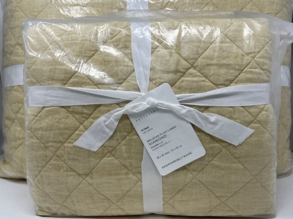 Nuevo edredón Pottery Barn lino belga diamante king y 2 fundas king ~ narciso~ Foto 3 de 3