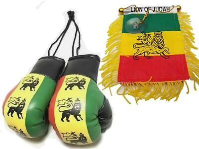 2pc. Lion of Judah Ethiopia Mini Banner Car Rearview Car Boxing Glove Rasta