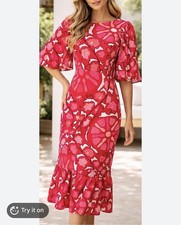 Rhode Target Dress Size 4 Red Floral Linen Blend Ruffle Hem Flutter Sleeve Midi