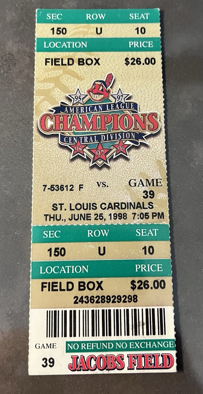 Mark McGwire 35th Home Run 1998 Cleveland Indians vs St. Louis Cardinals Ticket