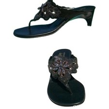 Donald Pliner Black Sequin Beaded Leather Shoe Sandal New Thong T-Strap 325 NIB