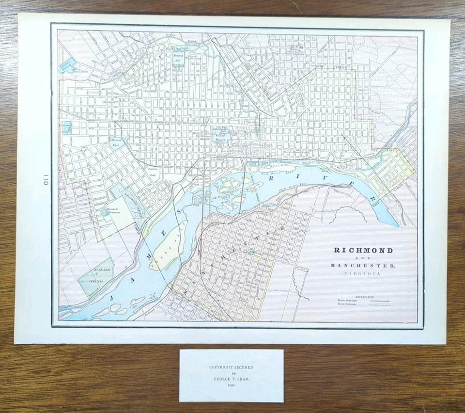 Mapa RICHMOND VIRGINIA VA 1900 de colección 14"x11" ~ Antiguo Antiguo Original UNION HILL Foto 2 de 4