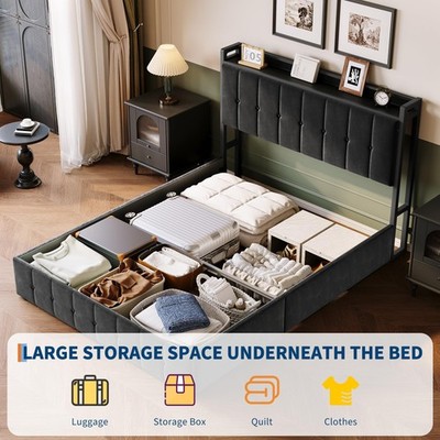 Queen Size Lift Up Storage Bed Frame, Upholstered Hydraulic Platform w/Headboard