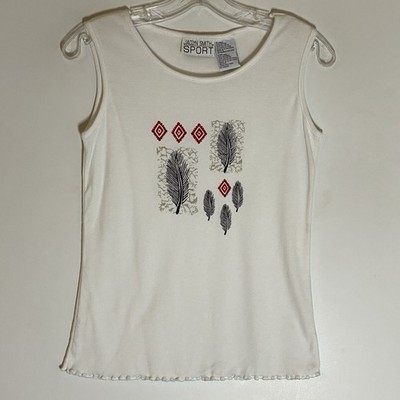 VTG Jaclyn Smith Sport Top Womens Small White Multi Print Feather Aztec Tank 90s