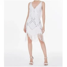 Babeyond Women's White Beaded Sequin V-Neck Mini Slip Dress Size XS