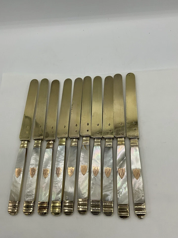10 Antike Vorlegemesser Silber 950 vergoldet, Frankreich mit Perlmutt um 1852 - Bild 4 von 4