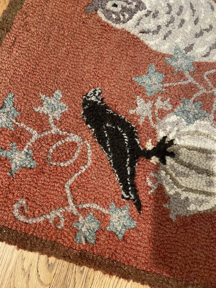 LAURA MEGROZ Hooked Wool Rug 2'x4'  Four Corners Pumpkin Patch Owl Raven 2013 - Image 2 of 4