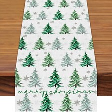 72 x 13 Inch Christmas Table Runner   Watercolor Pine Tree and Snowflake Pattern