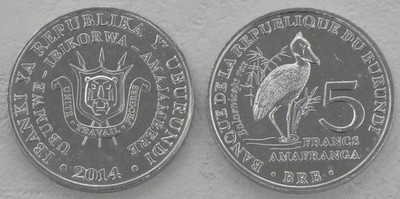 Burundi 5 Francs Gedenkmünze 2014 Afrikanische Vögel: Schuhschnabel KM# 30 unz.