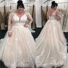 Plus Size Wedding Dress V Neck Lace Long Bridal Dress Gothic Beach Bride Gowns